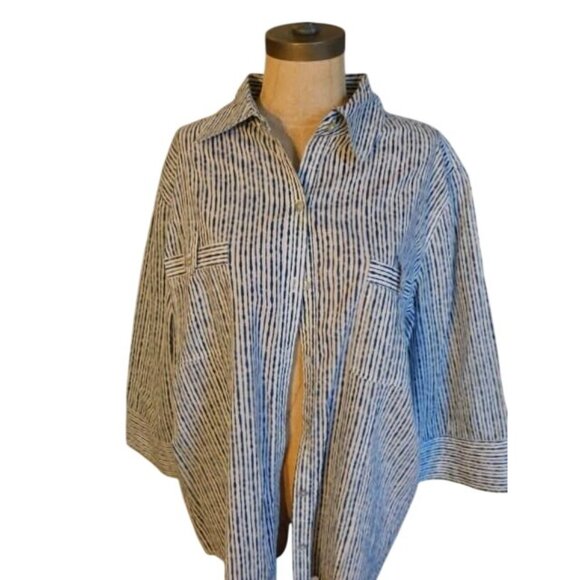 Chico's Size XL (3) Navy Blue White Button Down 3/4 Sleeve Shirt Top - Picture 1 of 3